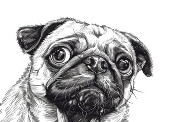 Detailed black and white illustration of a pug dog. Perfect for pet lovers and animal enthusiasts