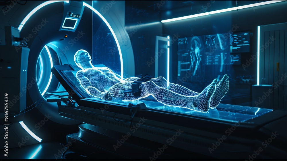 Aufkleber an innovative medical imaging device creating a 3d x-ray scan of a patient