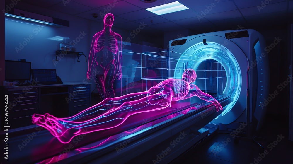 Aufkleber an innovative medical imaging device creating a 3d x-ray scan of a patient