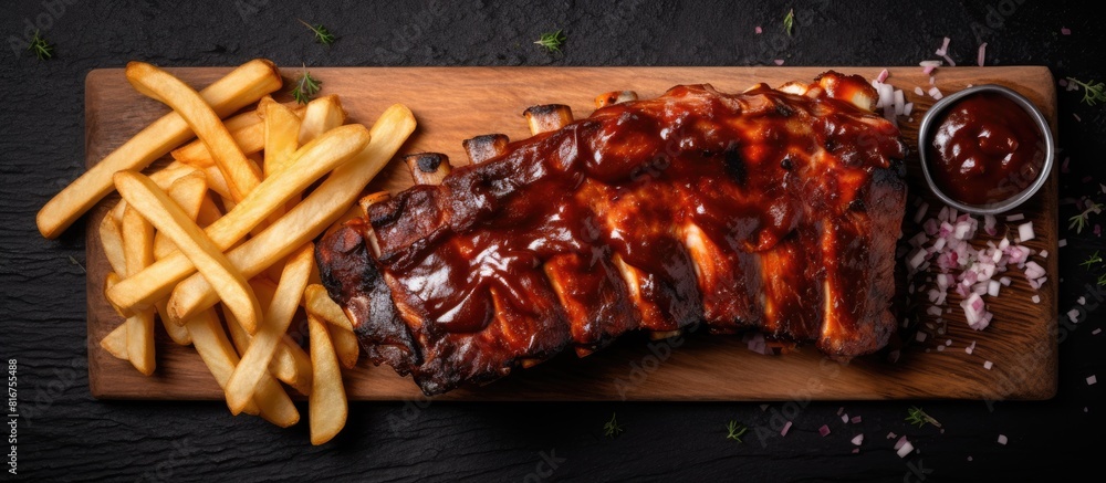 Poster top studio shot of roasted sliced barbecue ribs with fries viewed from above copy space image