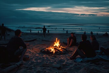 Night summer camping on a lake shore. Group of young tourists around bonfire. Tourism, friendship and beauty of nature concept