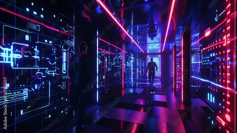 Aufkleber a cyberpunk-themed virtual reality environment where biometric data is processed to enhance cybersec
