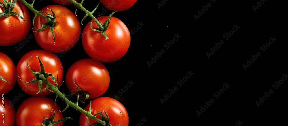 Poster tomatoes on a black background top view copy space