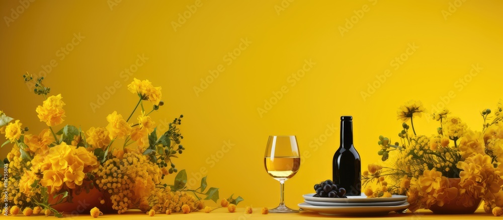 Aufkleber table setting with floral decor on yellow background with space for text. copy space available