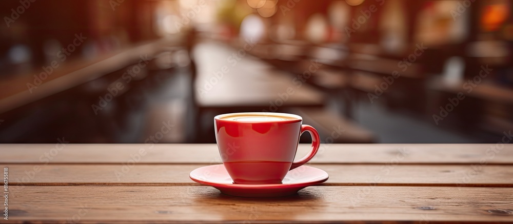 Aufkleber coffee cup red on wood table in cafe with space for text. copy space available