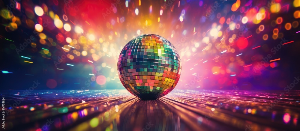 Poster shiny disco ball on color background space for text. copy space available