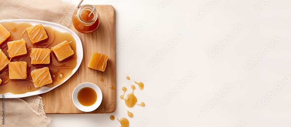 Poster salted caramel on light grey table flat lay space for text. copy space available
