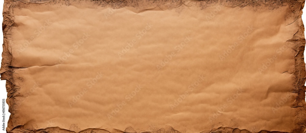 Aufkleber piece of brown paper with dark burnt borders isolated on white top view space for text. copy space a