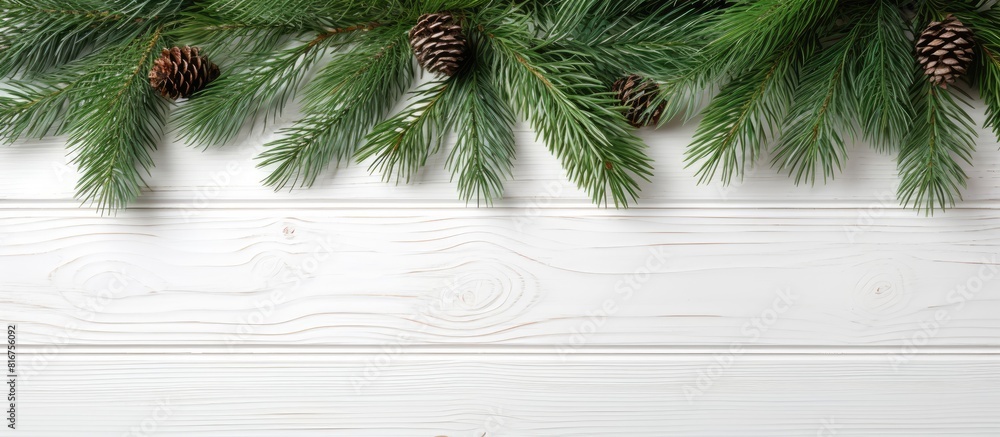 Poster a stunning arrangement of fir branches gracefully adorning a pristine white wooden backdrop leaving 