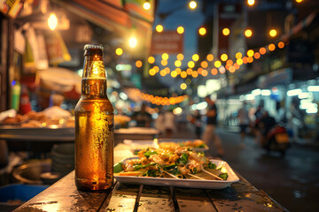 bottle of beer on table with street food street background