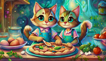 Naklejka premium oil painting style Cartoon character baby cute cat bonding while making homemade pizza together in kitchen,