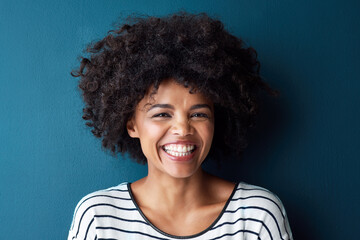 Happy, smile and portrait for African woman, studio and confidence for laugh and joy. Excited,...