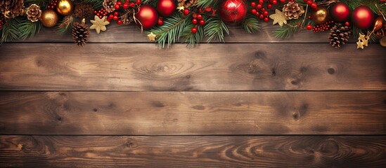 A vintage style Christmas border with copy space featuring decorations on an old wood background
