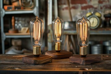 Three glowing edison light bulbs on rustic wooden stands, with a blurred vintage background