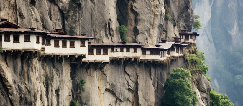 Rocky monastery with cells for monks Background with copy space for text