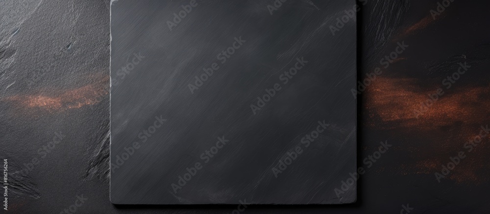 Poster empty square black plate over dark slate aerial view with copy space