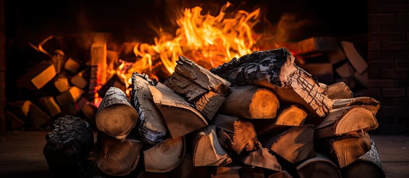 Stacked dried logs in front of a burning fire on a cold autumn night with wood pellets and bricks. copy space available