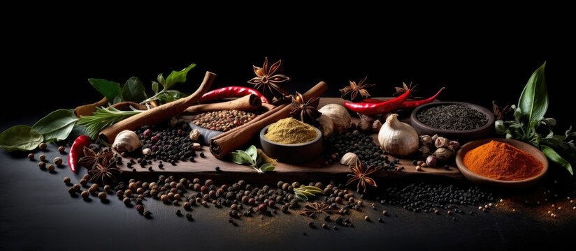 spices with ingredients on dark background healthy or cooking concept asian food. copy space available