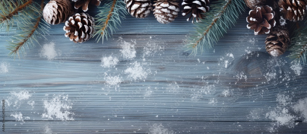 Poster christmas background concept top view of spruce branches with snow and pine cones on old wooden back