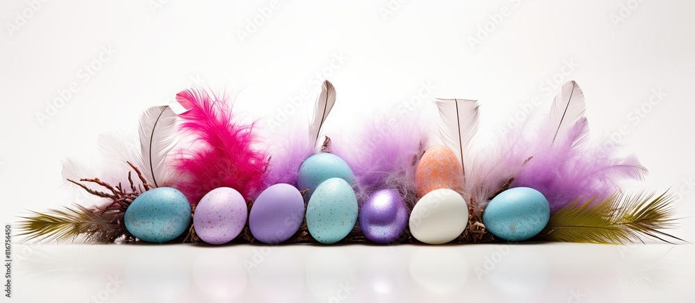 Poster easter composition with traditional decor small decorative colorful eggs and soft feathers on white 