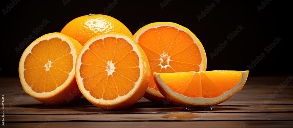 Poster fresh and juicy orange slices along with a whole half of an orange are placed on a dark brown wooden