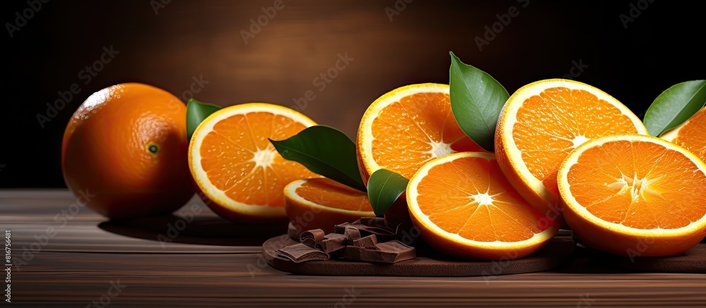 Poster fresh and juicy orange slices along with a whole half of an orange are placed on a dark brown wooden