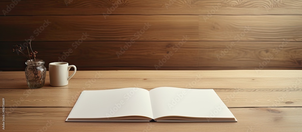 Poster a copy space image showcasing an empty paper book placed on a wooden table