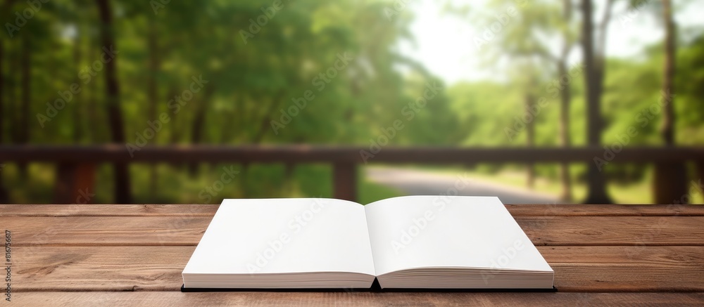 Aufkleber a copy space image showcasing an empty paper book placed on a wooden table