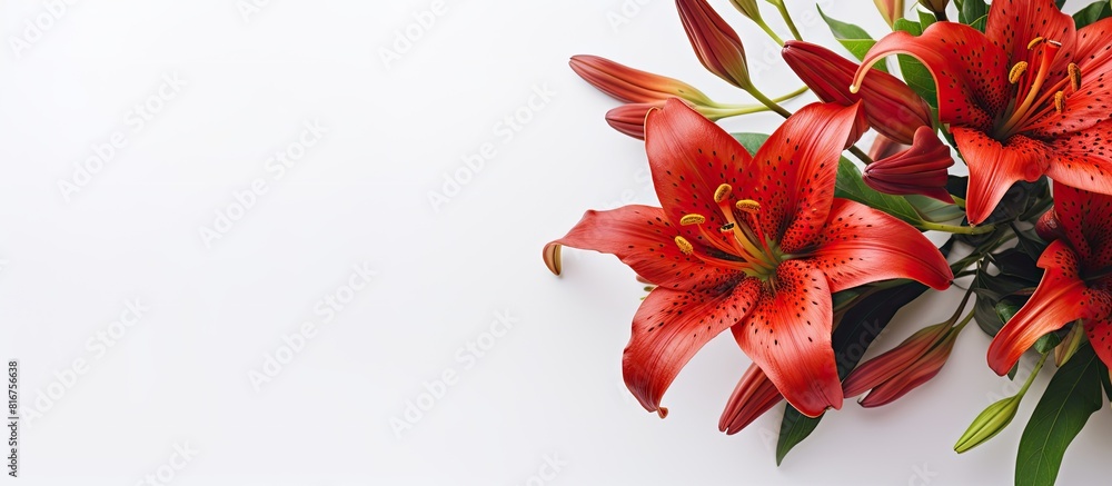 Poster A red Lily flower is showcased in an autumn composition on a white background creating a flat lay with ample copy space