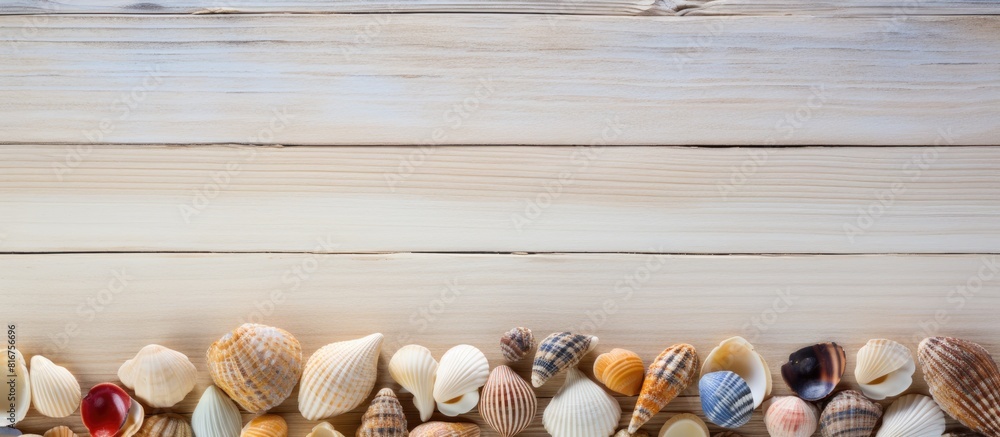 Poster little shells on a wooden background seashells. copy space available