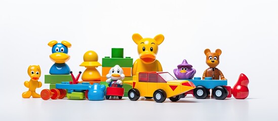 Copy space image showing a white background with a border of colorful plastic kids toys including...