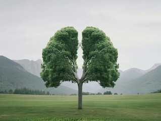 Obraz premium A tree shaped like human lungs stands in a vast green field with mountains in the background, symbolizing the connection between nature and human health