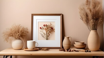 A replica of an empty wooden picture frame is suspended on a beige wall. Table with dried flowers and a bohemian-shaped vase. A coffee cup. Working place, home office. Poster display, artwork, contemp