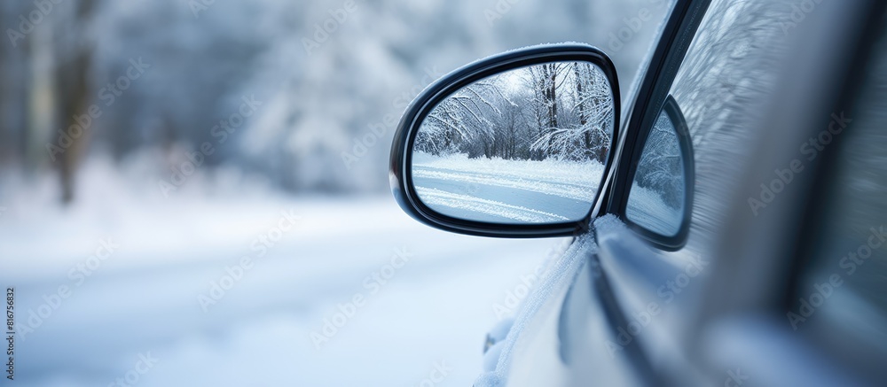 Poster A modern car s side view mirror is seen covered in snow providing ample copy space for an image