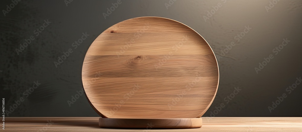 Aufkleber Empty wooden plate and soft shadows on grey background Wooden podium for food or cosmetic product mockup Showcase for product presentation Front view copy space for text Minimal composition