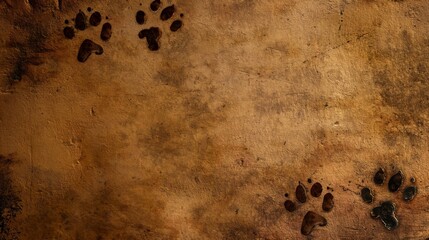 High-resolution image showcasing dark animal paw prints over a detailed, rustic brown textured surface