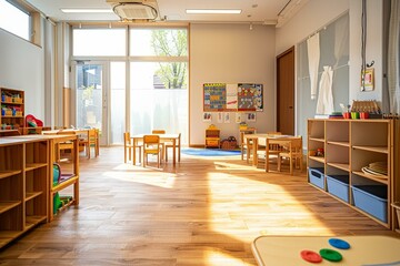 Empty preschool classroom with wooden furniture and colorful educational materials in the morning light