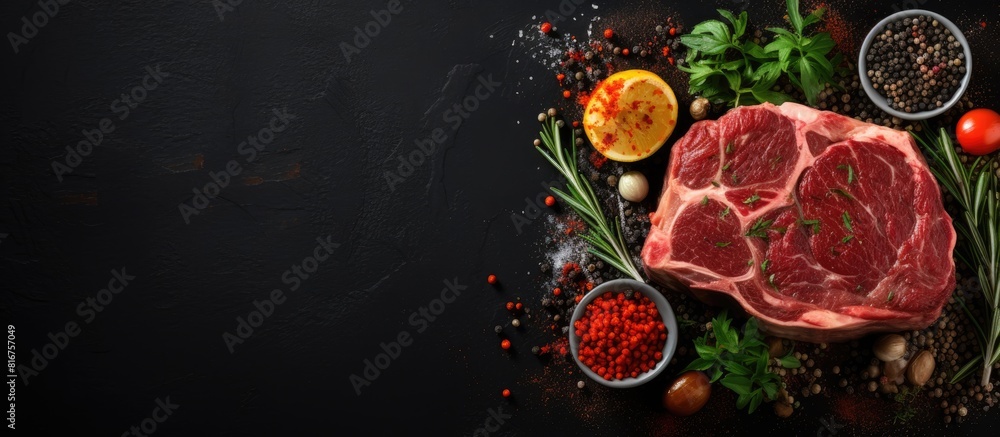 Aufkleber raw beef steak osso bucco with herbs and spices on dark background beef meat top view copy space