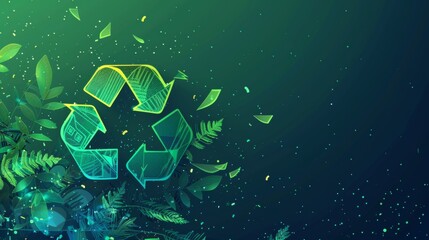 Green Recycling Symbol with Digital Leaves on Dark Background