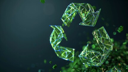 Futuristic Green Recycling Symbol with Glowing Geometric Shapes