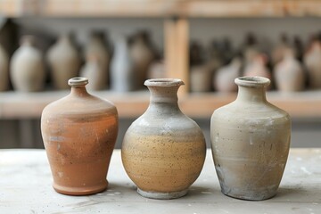 Three ceramic pots in neutral tones, artistically displayed in a pottery workshop
