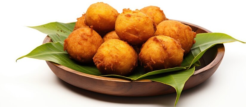 A popular Kerala snack called Bonda traditionally enjoyed during tea time is presented on a banana leaf against a white backdrop The image showcases the isolated white background with ample space for
