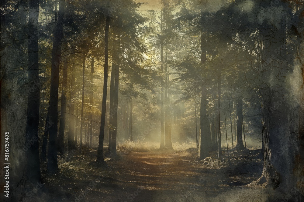 Poster mystical forest scene with sunbeams filtering through towering trees