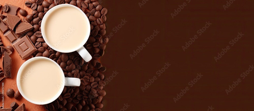 Poster Pieces of chocolate and a carafe of milk on a brown color background Top view place for text. copy space available