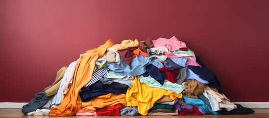 Pile of bright multicolored clothes on the floor in the corner of a room. copy space available