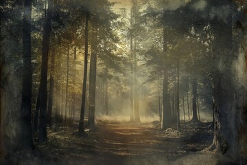 Obraz premium Mystical forest scene with sunbeams filtering through towering trees