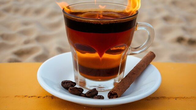 AI generated illustration of a Valencian cafe carajillo served on a sunny Mediterranean beach