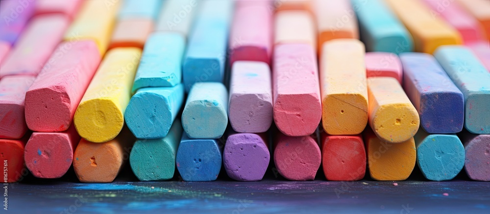 Poster bunch of square colorful pastel chalks closeup background. copy space available