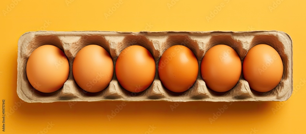 Poster overhead view of brown chicken eggs in an open egg carton isolated on yellow fresh chicken eggs back