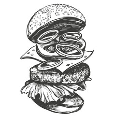 big burger, hamburger hand drawn vector illustration sketch retro style